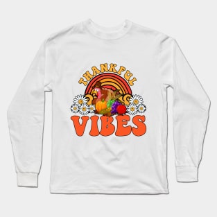 Thankful Vibes Turkey Rainbow Funny Retro Thanksgiving Women Long Sleeve T-Shirt